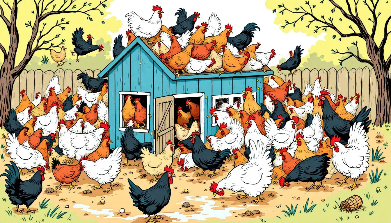 A backyard flock of chickens, showcasing the effects of overcrowding in a chicken run.