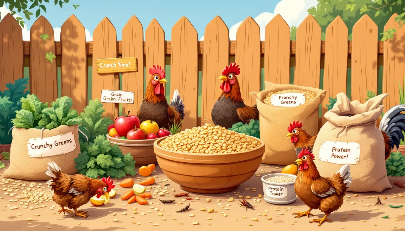 A variety of nutritious chicken feed options, emphasizing the importance of a balanced diet for healthy chickens.